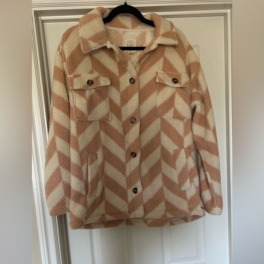 Billabong button down fleece, size Large, GUC, Taupe & Cream